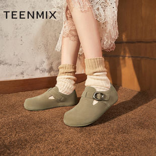 天美意复古厚底全包加绒勃肯休闲鞋毛毛鞋一脚蹬单鞋KK010CM4奥莱