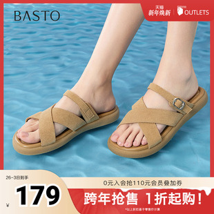 复古休闲拖平跟女拖鞋 简约时尚 BV086BT5 新款 百思图2025夏季
