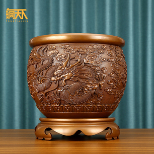 紫铜龙缸摆件门海铜缸入户聚宝盆中式 饰品创意画卷收纳缸 办公室装