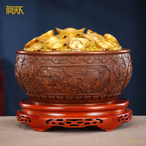 紫铜工艺品聚宝盆八宝双鱼花纹