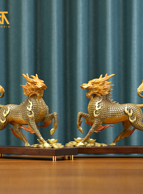 彩铜色麒麟工艺品金钱献宝