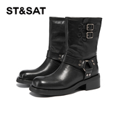 星期六西部靴新款 时尚 黑色女士牛皮粗跟复古粗跟靴SSC4116396