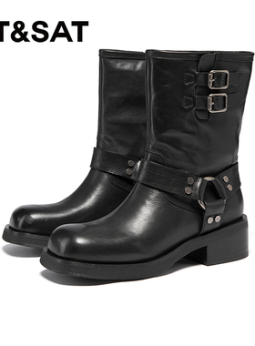 星期六西部靴新款时尚黑色女士牛皮粗跟复古粗跟靴SSC4116396