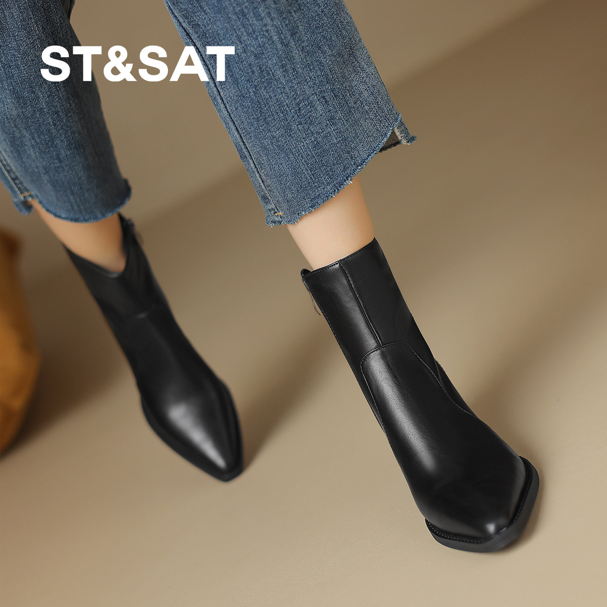 St&Sat黑色粗跟切尔西短靴女