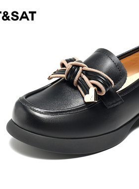 星期六中跟乐福鞋春季新款英伦风蝴蝶结黑色皮鞋女SSC1111065