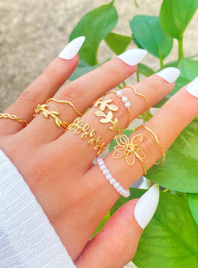 Vintage inlaid Pearl Flower Leaf 10 Piece joints Ring Set 戒