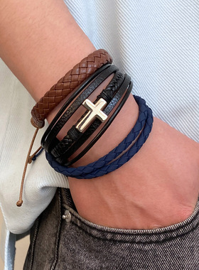 New retro leather bracelet men hip-hop punk cross皮革手链男
