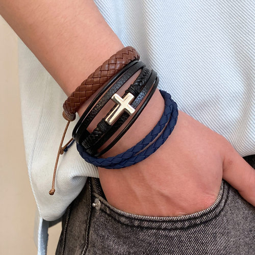 New retro leather bracelet men hip-hop punk cross皮革手链男