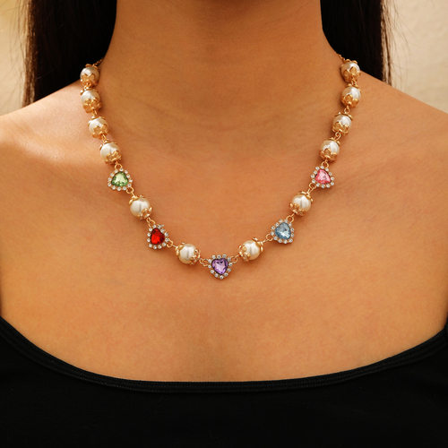 Pearl flower inlaid with colorful Diamond women's necklace