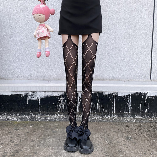 吊带袜黑丝菱形过膝长筒丝袜女