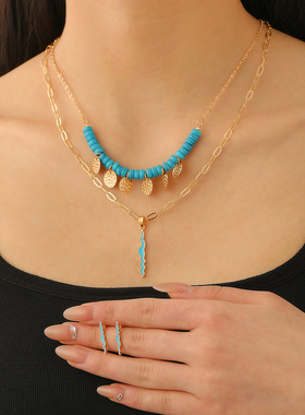 New Stone Bead Necklace Fashion Clavicle Chain Earnail Set
