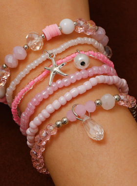Vintage Bohemian Ethnic Sea Star Pendant Pink bead bracelet