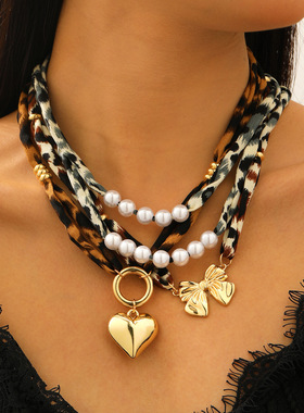 女项链Leopard print bow love pendant necklace women's autumn
