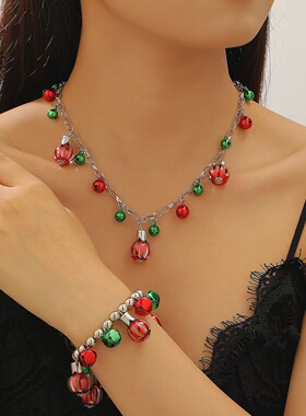 Vintage Christmas necklace set, colorful bell bracelet gift