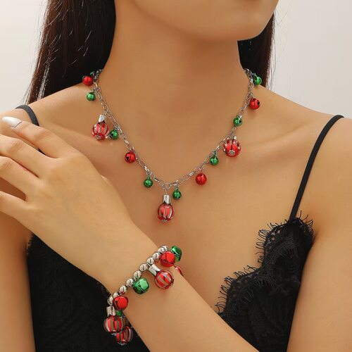 Vintage Christmas necklace set, colorful bell bracelet gift