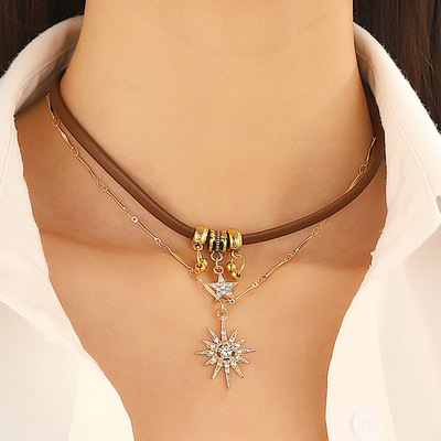 brown leather necklaces double-layer collarbone Neckchain
