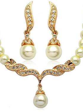 欧美珍珠项链合金镶钻两件套