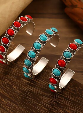 New Bohemian Women's Turquoise Opening Bracelet Earrings手镯