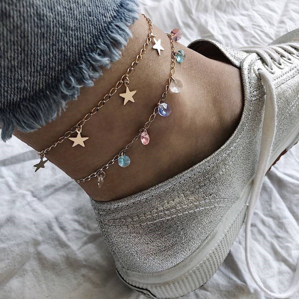 Female colored diamond 5-pointed star multi-layer anklet set 饰品/流行首饰/时尚饰品新 其它首饰 原图主图