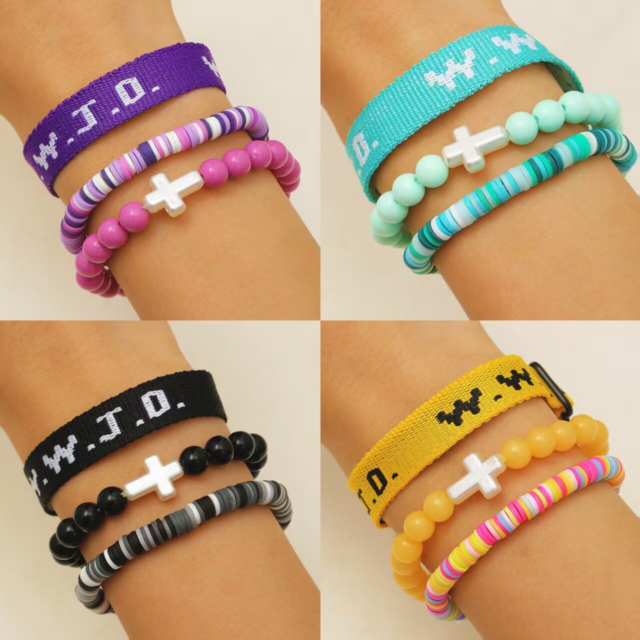 colorful women Cross false Pearl Bead Elastic Bracelet Set