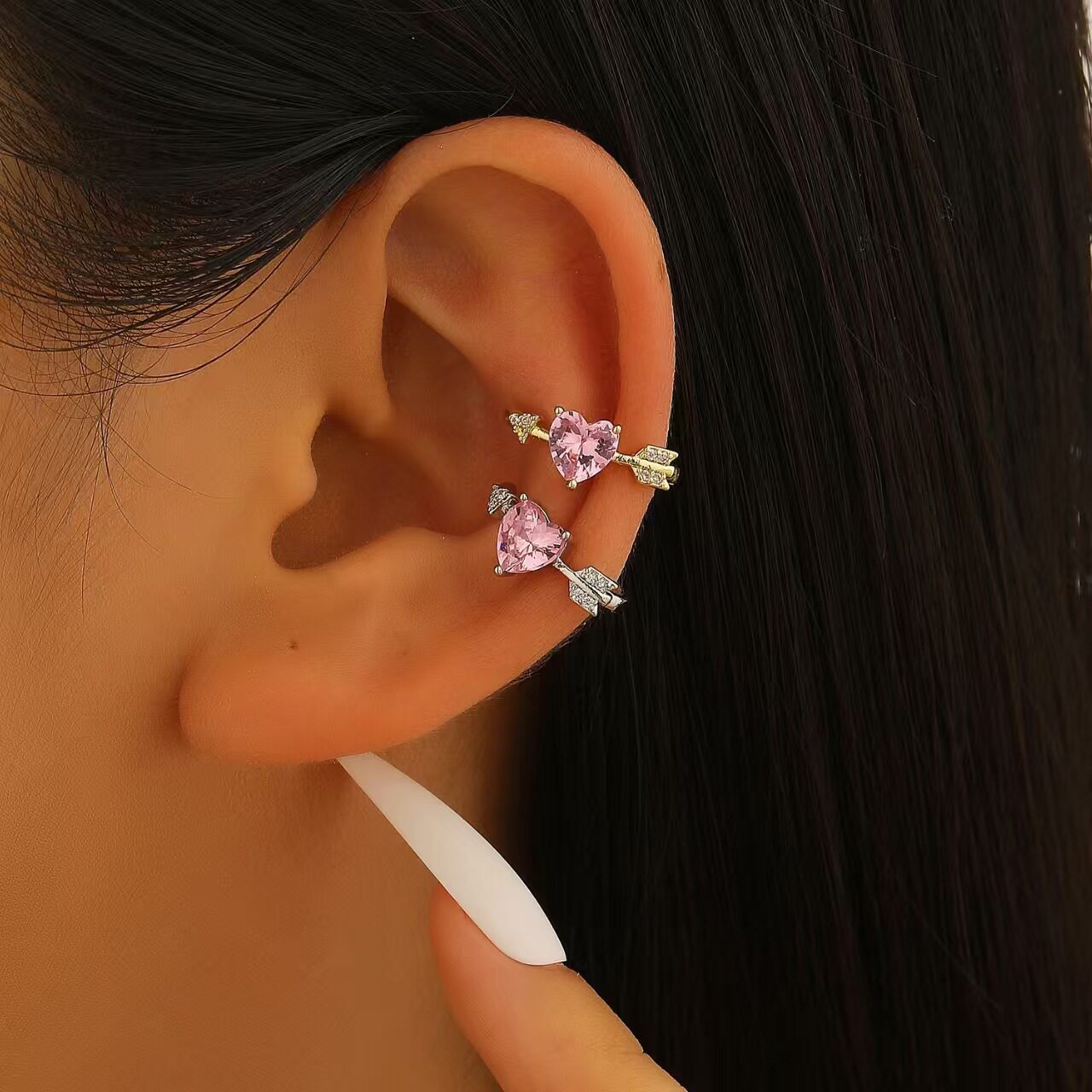 New one arrow piercing ear clip women Pink heart earrings