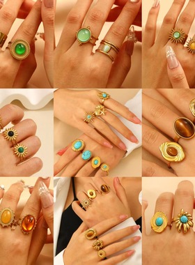 ethnic style Vintage Stone Jewelry Fashion Open joint Ring