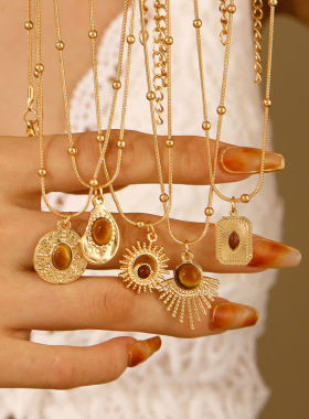 Women Necklace brown vintage pendant sweater chain欧美毛衣链
