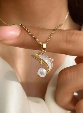 欧美新款镶珍珠海豚项链女饰品