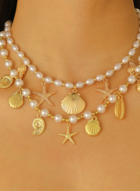 Boho Vacation Imitation Sea Conch Shell Pendant necklace项链