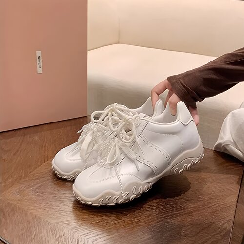徐若晗同款新色8cm内增高真皮复古珍珠蕾丝带运动休闲鞋女德训鞋