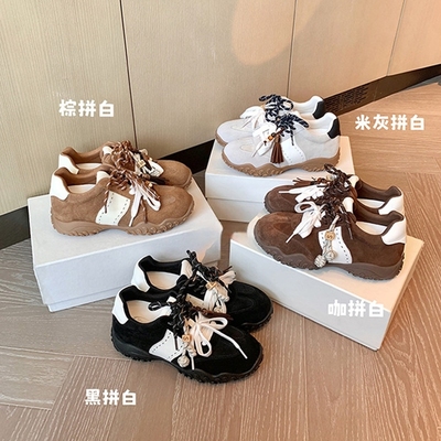 真皮8cm内增高内月牙厚底鸳鸯鞋带运动复古百搭休闲鞋女德训鞋