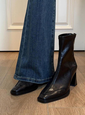 短靴女高跟2025年秋冬新款粗跟法式方头瘦瘦靴百搭复古风棕色短靴