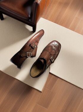 复古真皮手工雕花小皮鞋2025新款英伦风双扣单鞋舒适乐福鞋女