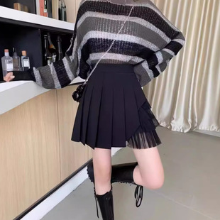 a字裙胖MM百褶裙女春甜美高腰a字裙拼接网纱半身裙设计感小仙女