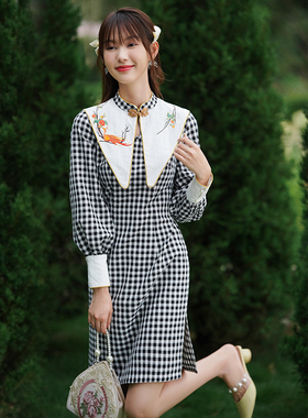 黑白格子复古旗袍春秋2025新款甜美大翻领年轻款少女新中式连衣裙