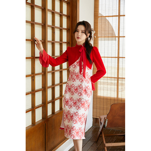 中国红旗袍2025新款冬装改良旗袍年轻款高端气质中式中国风蝴蝶结