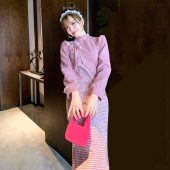 改良连衣裙 年轻款 千鸟格毛呢旗袍拼接蝴蝶结加厚冬季 女2025年新款