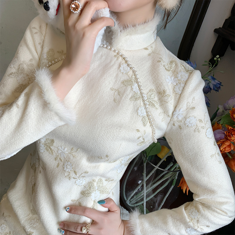 秋冬刺绣高端加绒长袖改良风旗袍