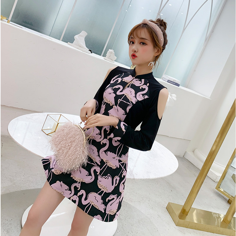 春季少女名媛长袖显瘦连衣裙旗袍