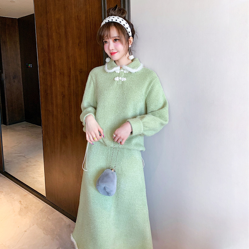 牛油果绿秋冬套装裙国风时尚气质拼接水貂毛条旗袍裙2025年新款,女装/女士精品,时尚套装,淘宝优惠券,粉丝福利购,淘宝优惠卷