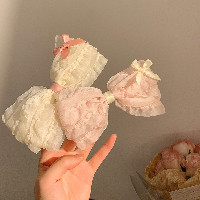 芭蕾风丝带蝴蝶结发夹奶油粉色系网纱大肠圈头绳少女发饰头饰2024