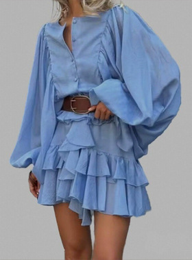 women dress ladies fashion dresses风法式高腰泡泡袖荷叶边短款