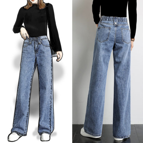 women american stylish retro jeans denim pants高腰松紧直筒