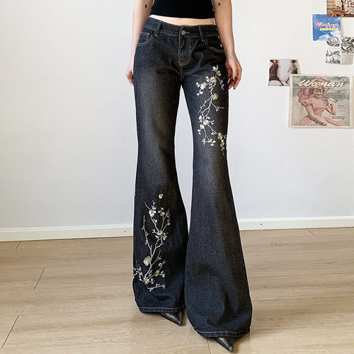 低腰仔裤Embroidery Jeans Vintage Low Rise Flared Jeans Women