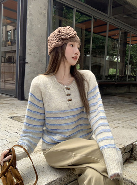 fashion women striped tops blouse米灰色半开领长袖内搭针织衫
