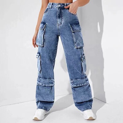 牛仔裤工装裤高腰翻盖口袋裤宽松合身裤women baggy jeans