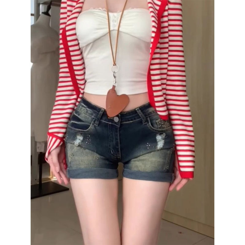 Y2k Jeans Shorts大码美式复古做旧烫钻破洞牛仔短裤女y2k千禧