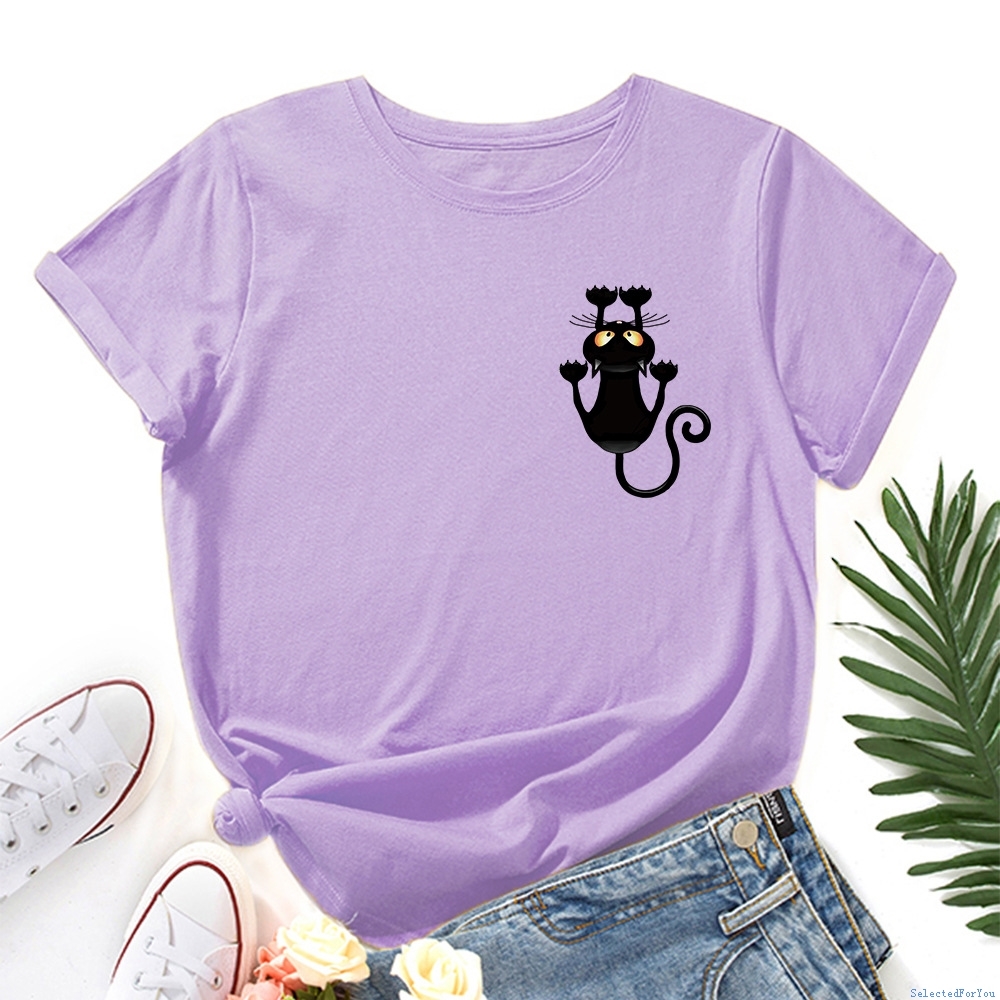 Women Cotton Tshirt Ladies T-shirt 可爱猫咪印花宽松圆领短袖t 女装/女士精品 T恤 原图主图