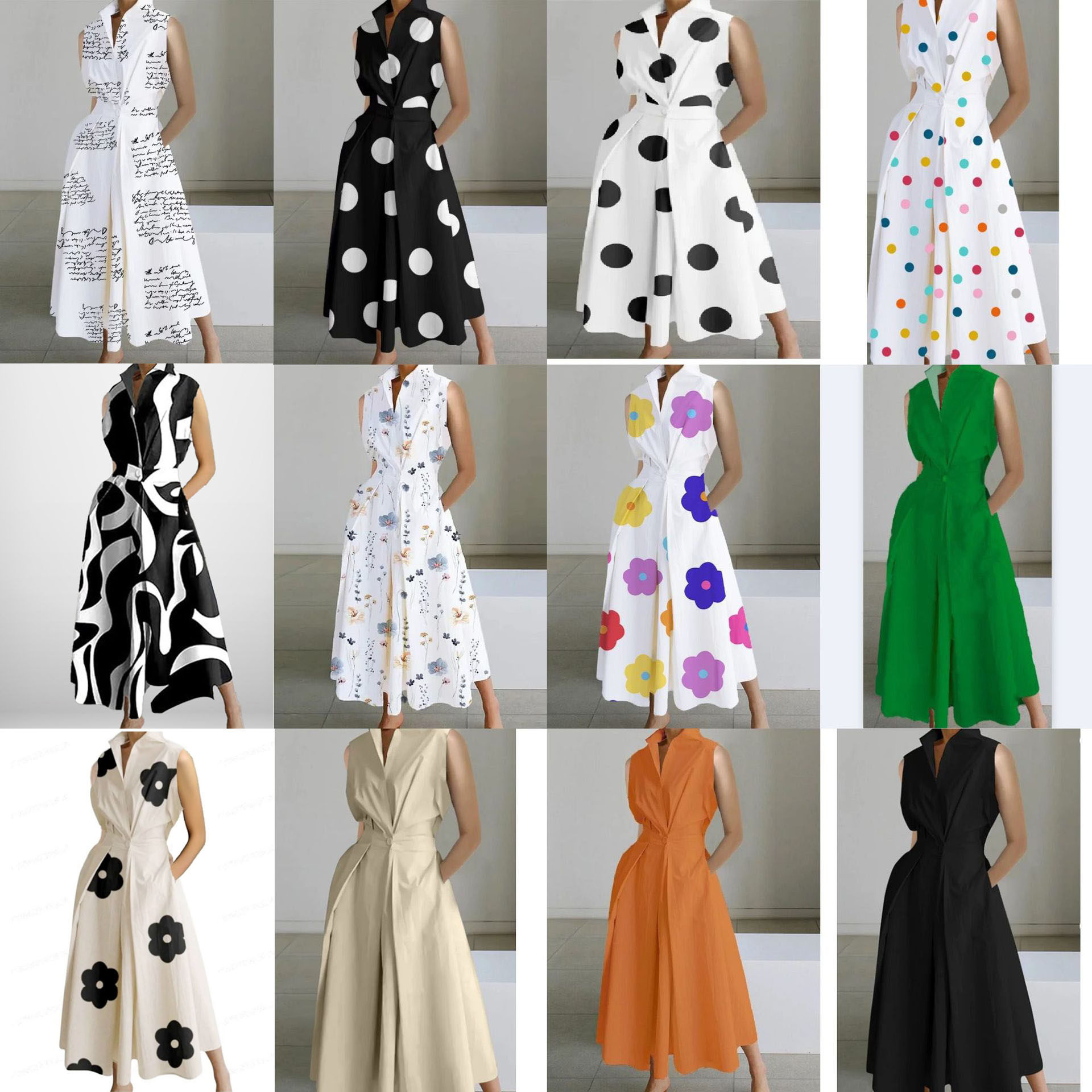 women dress欧美时尚休闲无袖v领大摆潮流纯色通勤高贵连衣裙