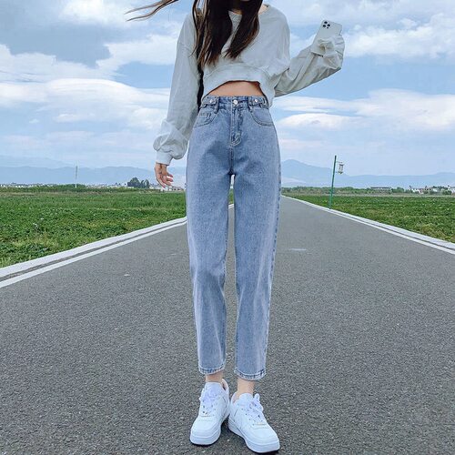 women american stylish retro jeans denim pants网红薄款可调节